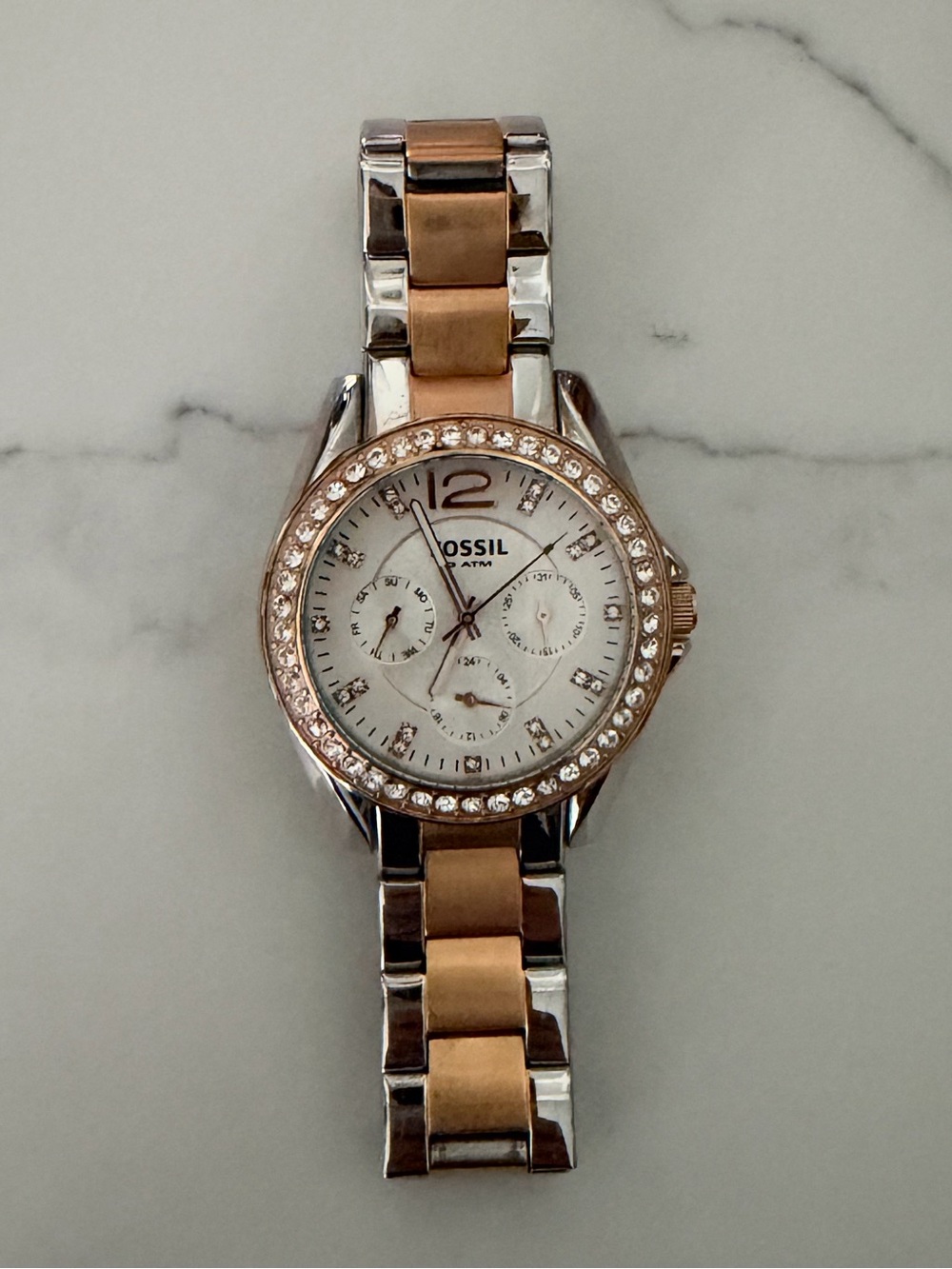 Fossil Riley ES2787 Two Tone Rose Gold Crystal Watch w Tin